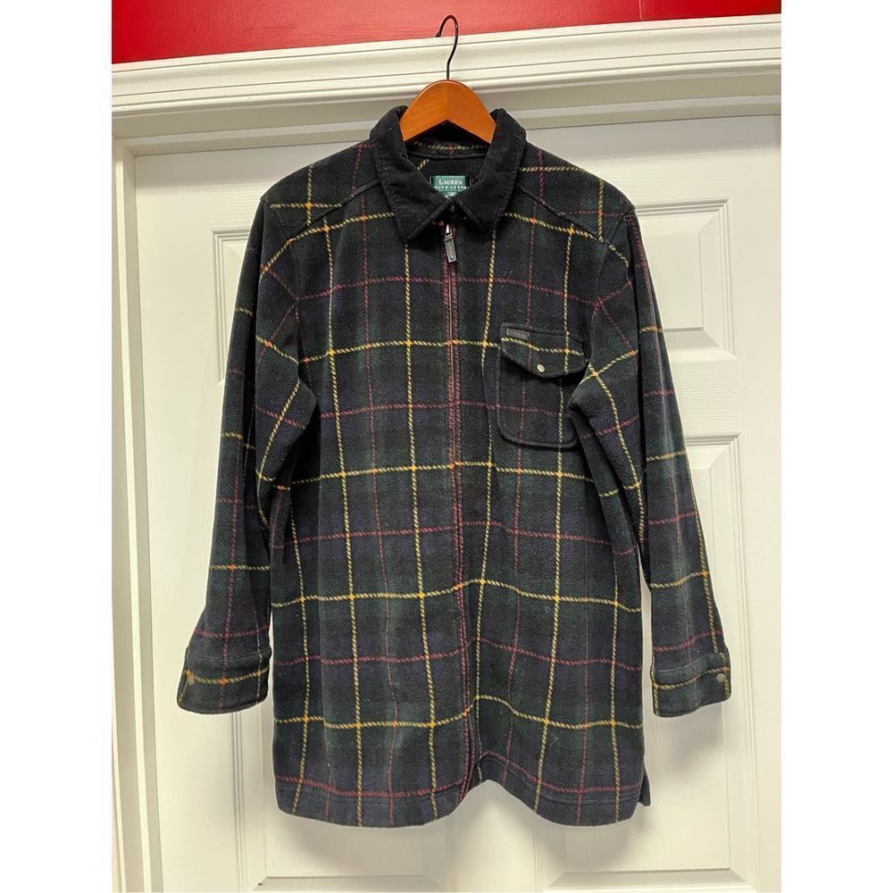 Lauren Ralph Lauren Black Plaid Fleece Zip Up Jacket w/ Corduroy Collar sz 1X EU